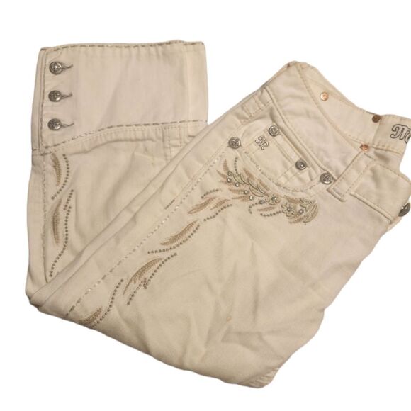 Miss Me JP5543P2 Capri Women’s Sz 27White Rhinestones Embroidered Button & Zip - Picture 3 of 9